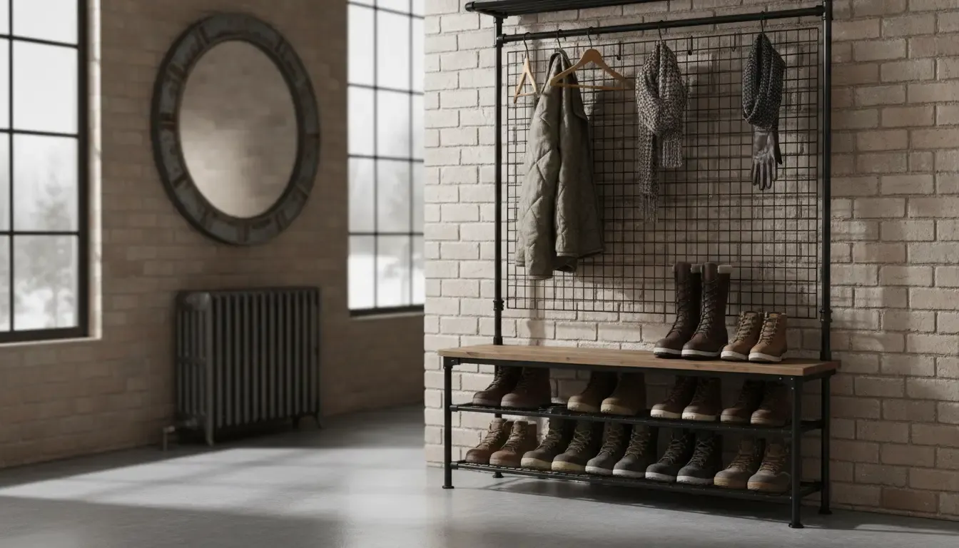 An industrial style hall tree with black metal frame and wire grid shoe racks holding heavy winter boots