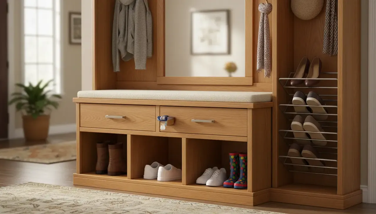A modern mudroom featuring a white hall tree with built-in shoe cubbies filled with sneakers and boots.