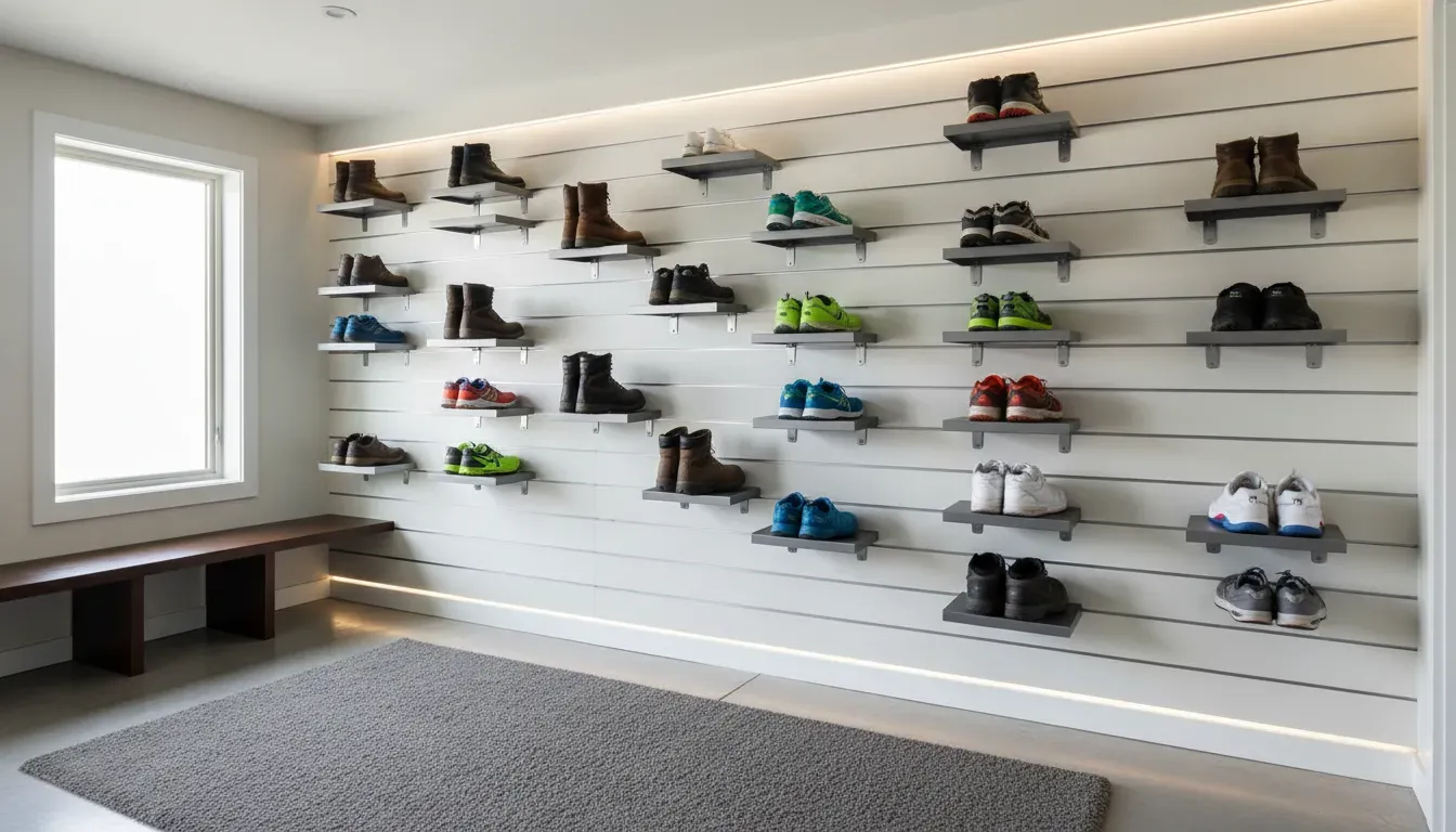 A garage wall equipped with adjustable slatwall shelving holding various sizes of boots and athletic shoes