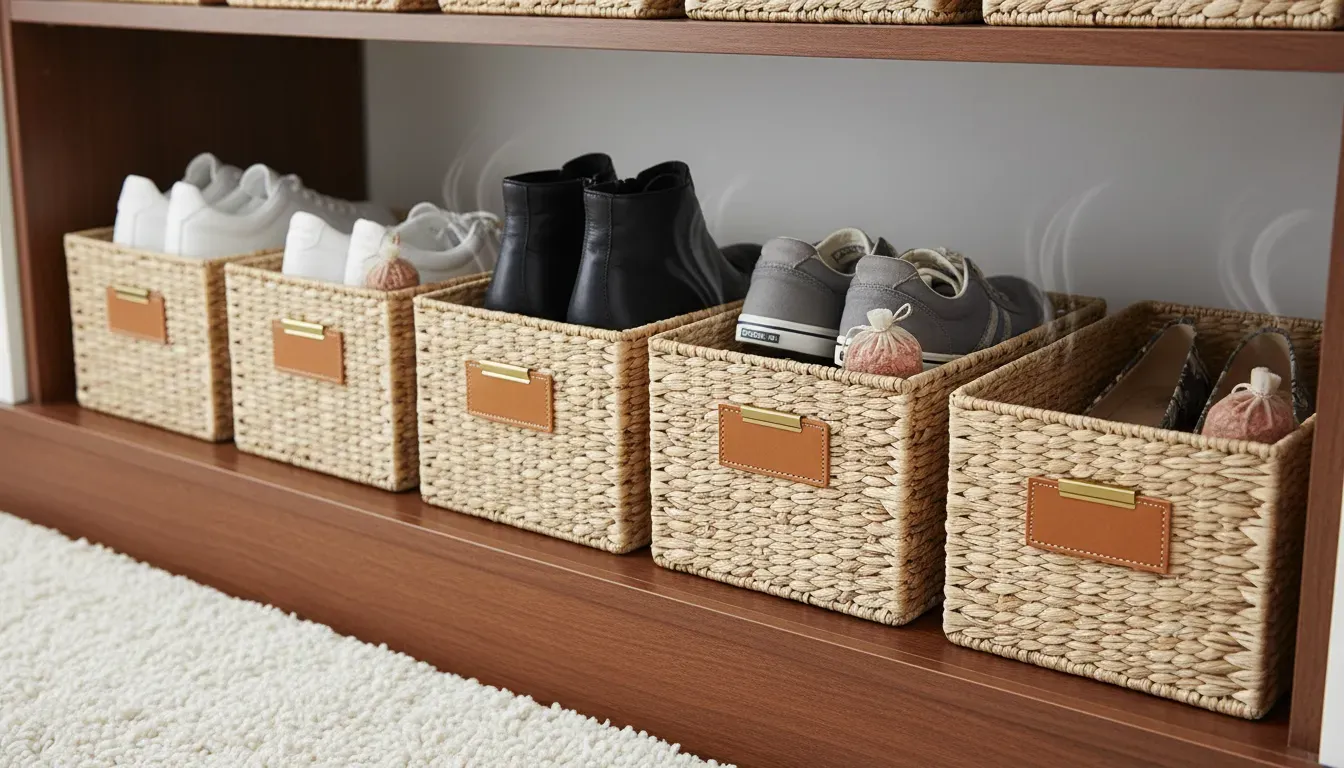 A detailed shot of organized shoe baskets with clip-on labels and cedar sachets inside