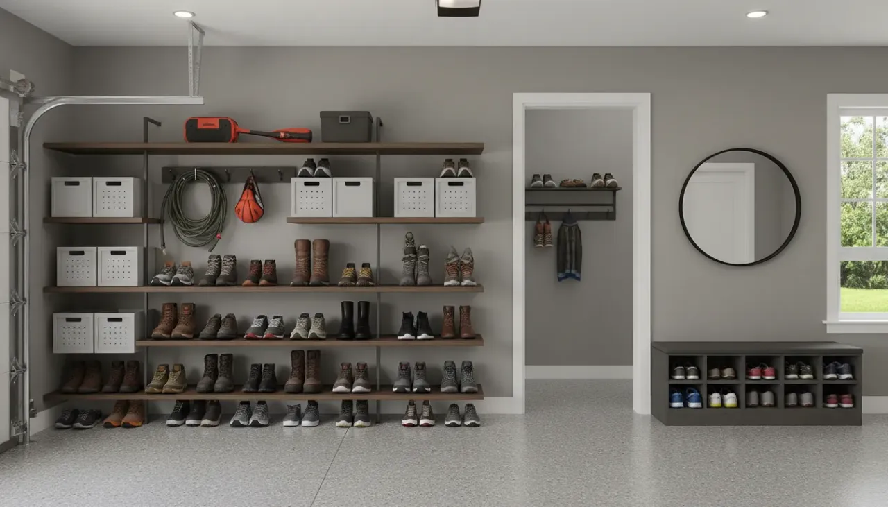 A pristine back entryway featuring a built-in bench and organized shoe storage cubbies under warm lighting