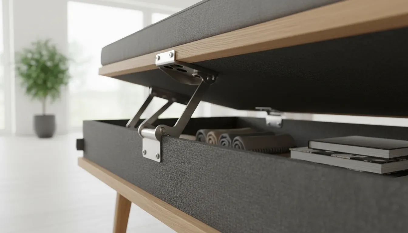 Detailed close-up of a bench hinge and internal storage compartment