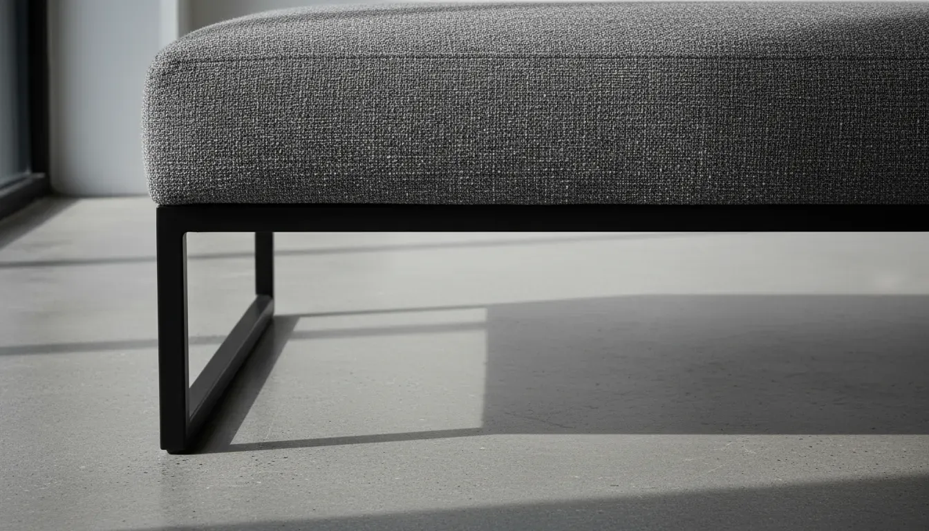 A detail shot of a textured grey fabric bench top with a matte black metal base situated on a concrete floor