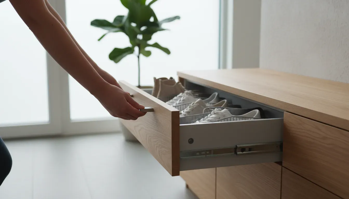 A person opening a smooth sliding drawer on a modern entryway bench to reveal organized shoe storage