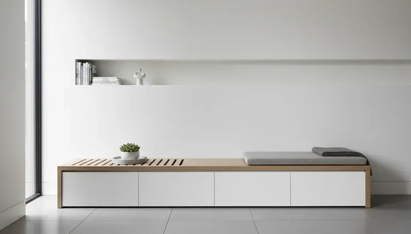 A modern, light-filled entryway featuring a low-profile wooden storage bench with clean lines and concealed compartments.
