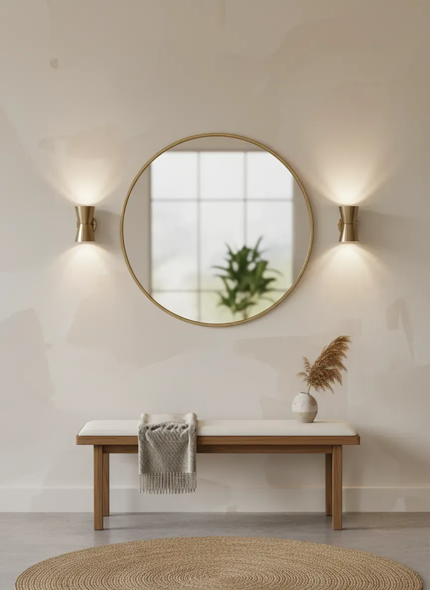 Stylized entryway with slim bench, round mirror, and wall sconces