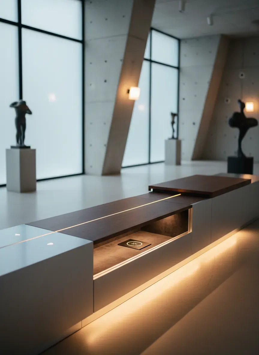 High-tech slim bench with hidden compartments and integrated lighting