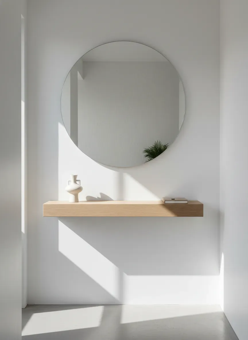 Minimalist floating shelf and mirror setup in a narrow hallway