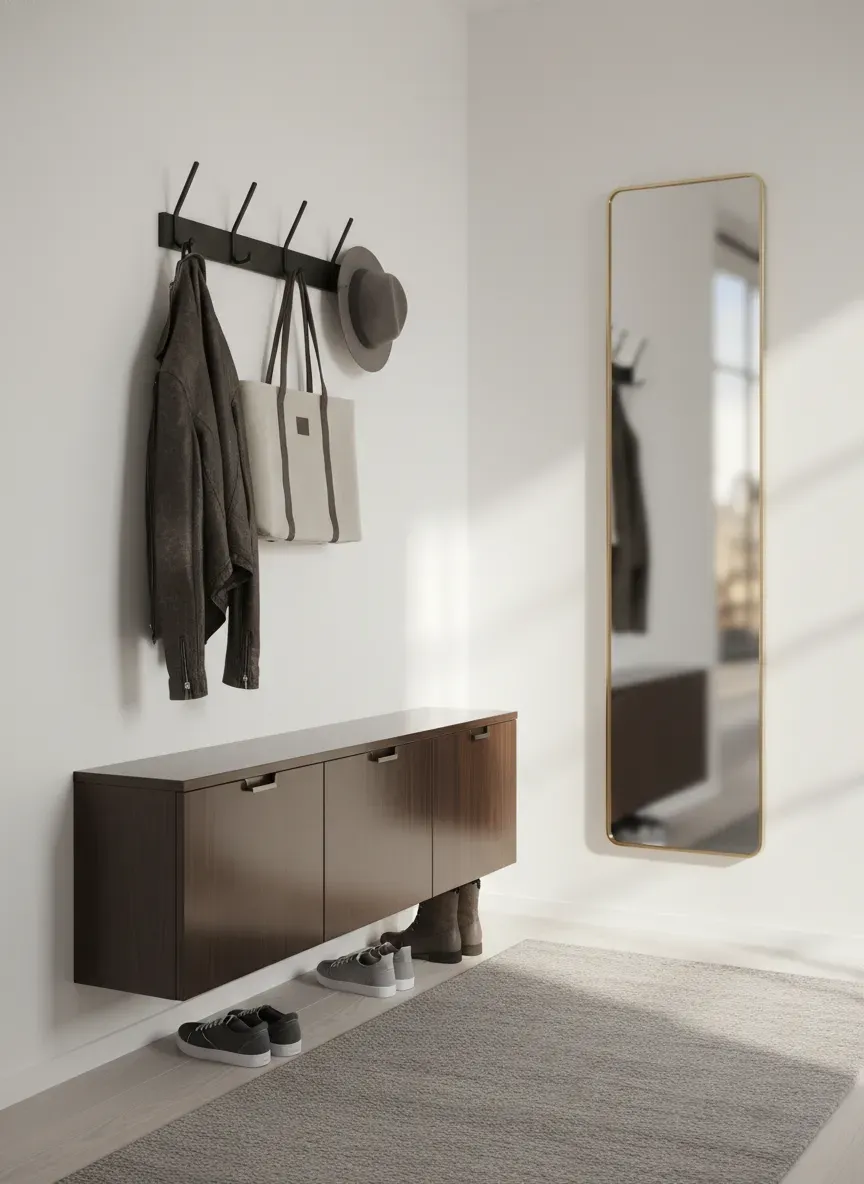 Narrow entryway featuring a sleek shoe cabinet and wall hooks