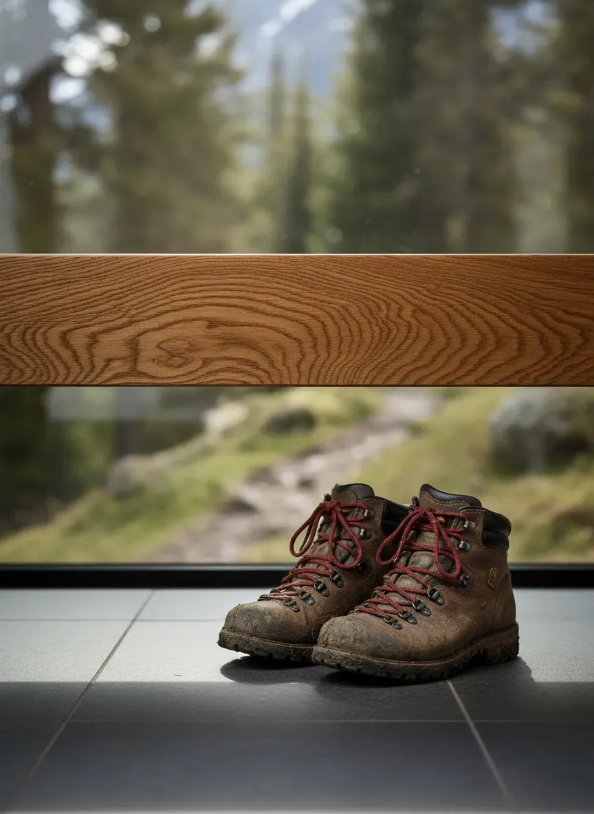 Close-up of a durable oak bench top showing wood grain, with muddy hiking boots stored cleanly underneath