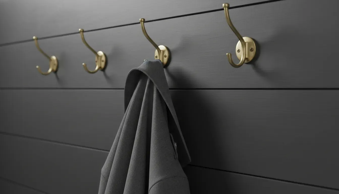A detail shot of heavy brass hooks mounted on a dark shiplap wall with a singular trench coat hanging elegantly.