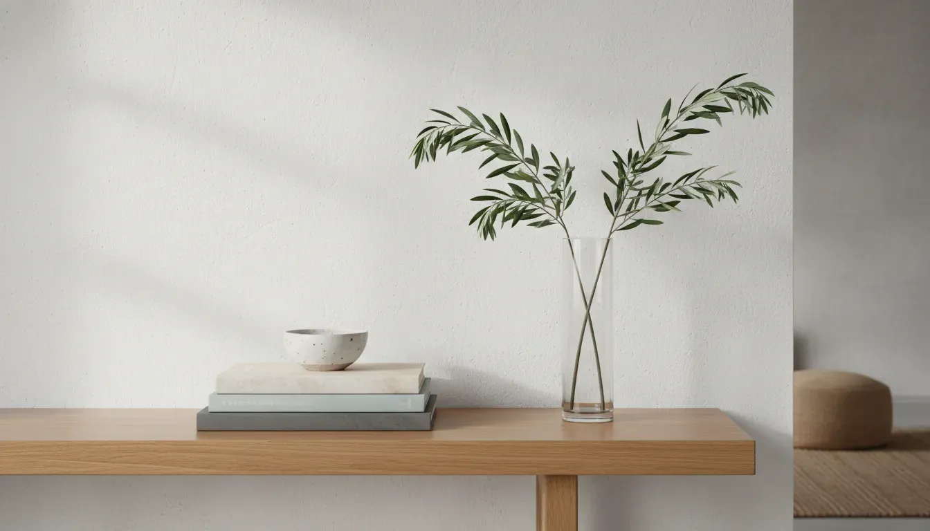 A close-up of a styled entryway console featuring a stack of books, a ceramic bowl for keys, and a vase with tall olive branches.