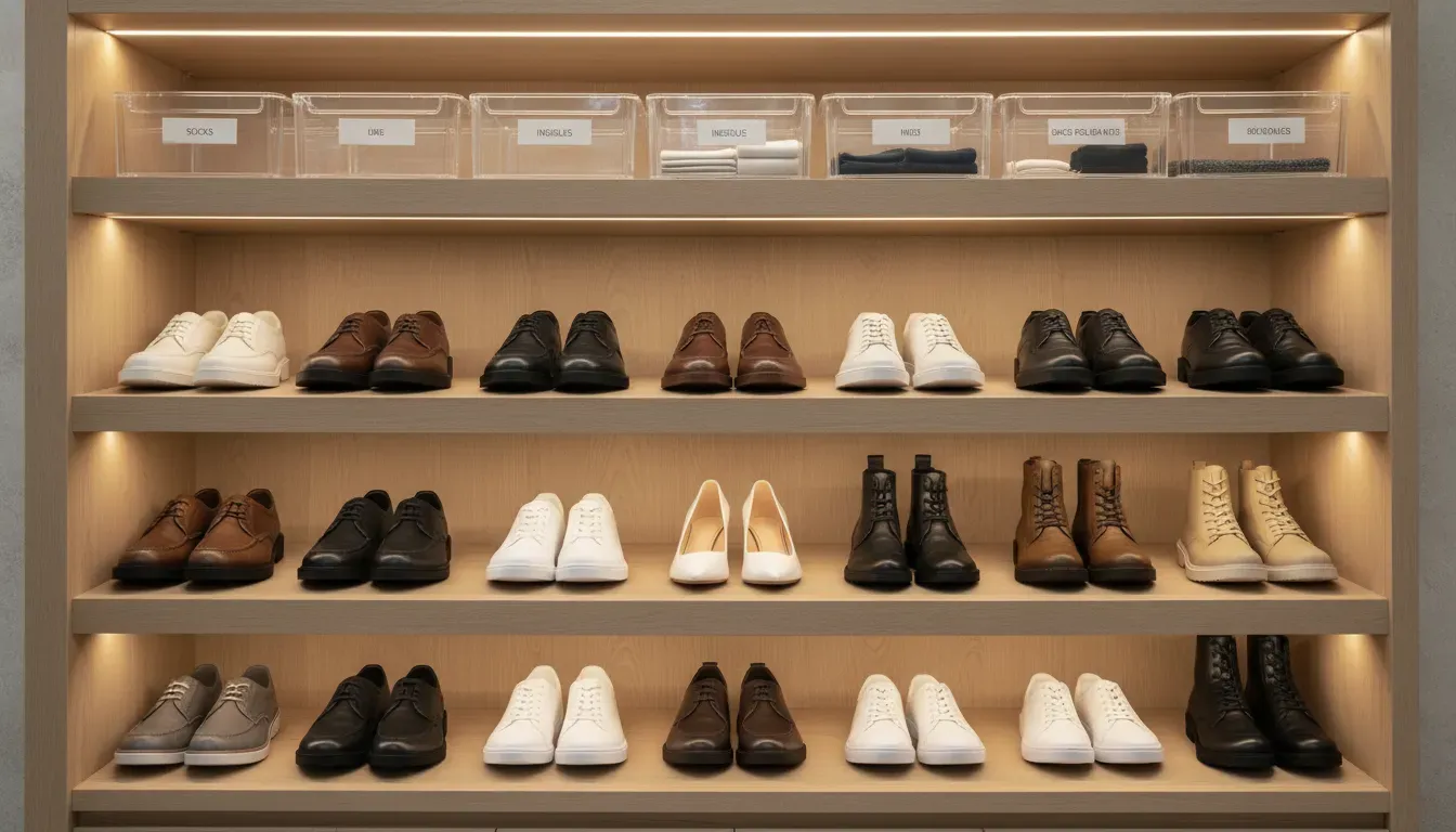An organized interior view of a shoe cabinet showing neat rows of shoes and labeled bins for accessories.