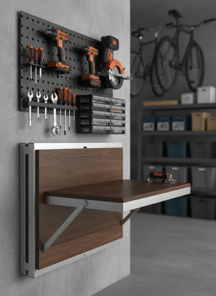 A compact folding workbench attached to a garage wall with tools neatly arranged above
