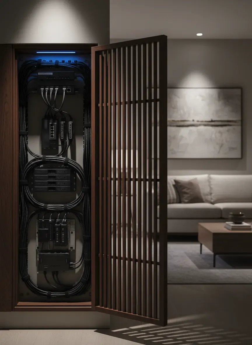 A ventilated, hidden home technology hub with meticulously managed cables