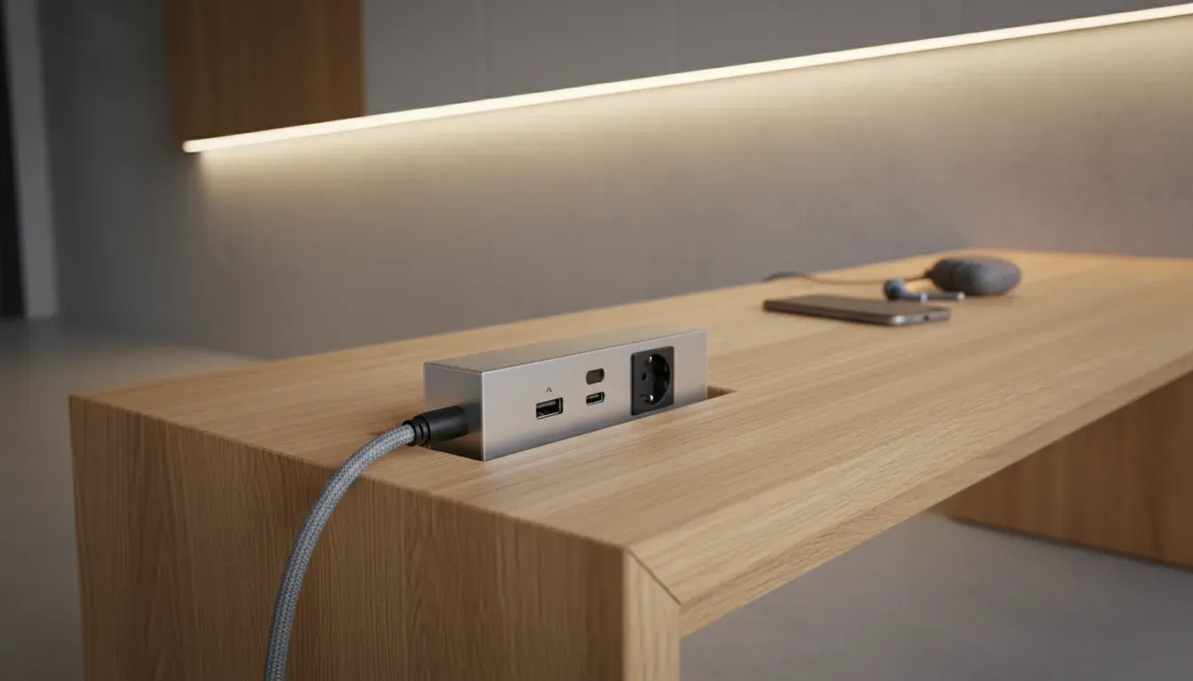 Close up detail of a modern entryway bench showing a recessed power strip with USB ports and a standard outlet