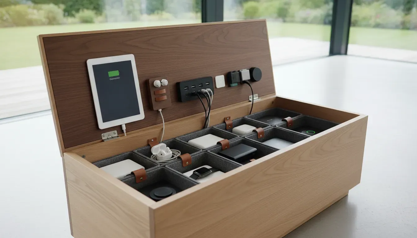A detailed view of an open flip-top bench revealing a neat charging station and organized gadgets inside