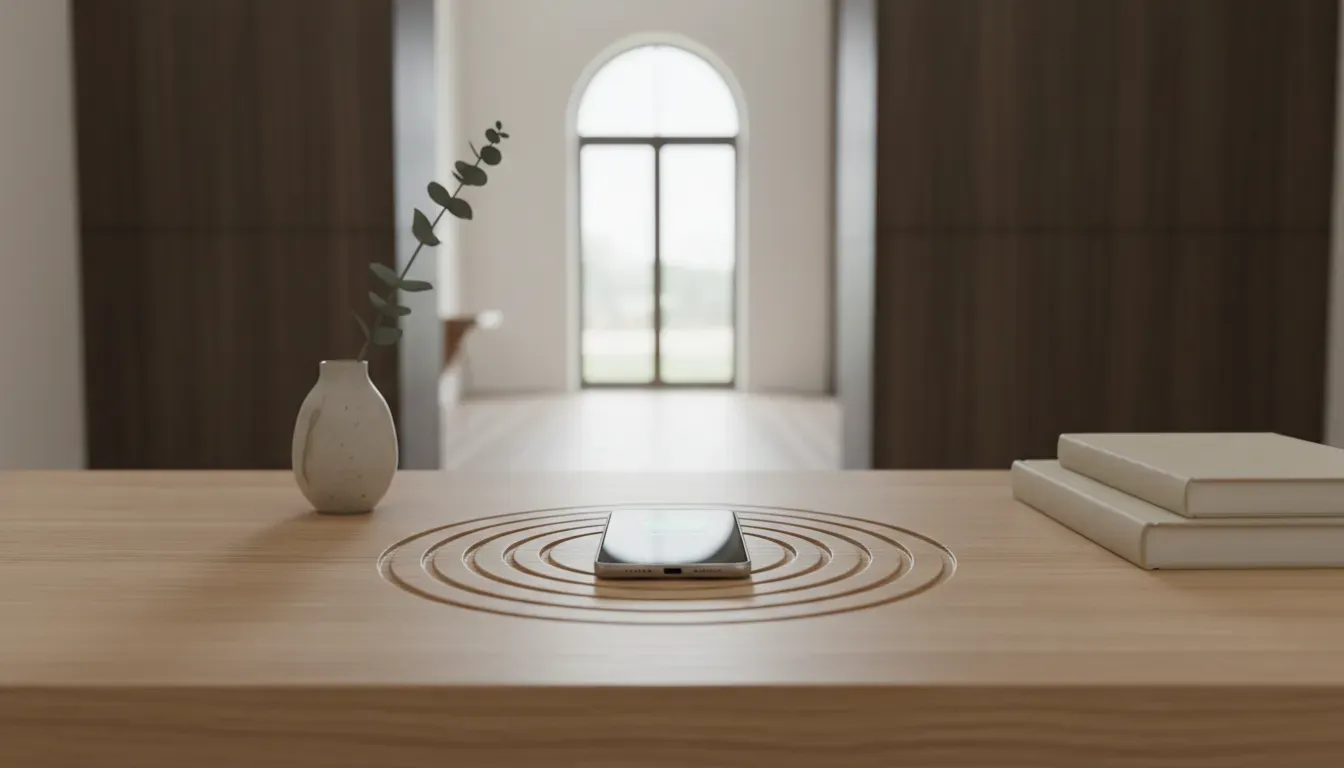 Close up of a wooden entryway table with a routed wireless charger and a smart phone resting on top
