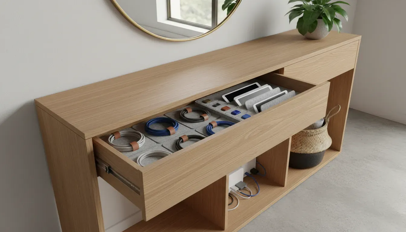 Open drawer in an entryway console revealing neatly organized cables and charging tablets