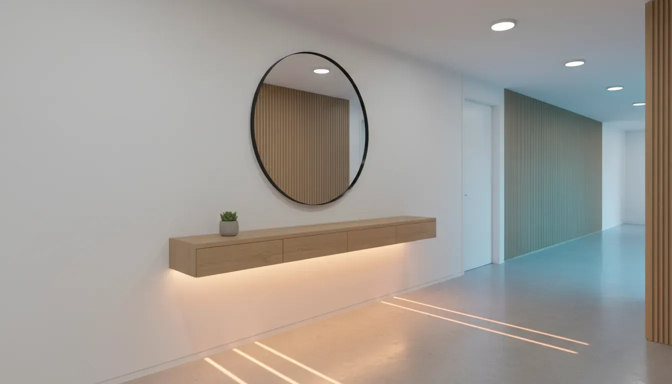 Modern minimalist hallway with smart lighting strips under the console table