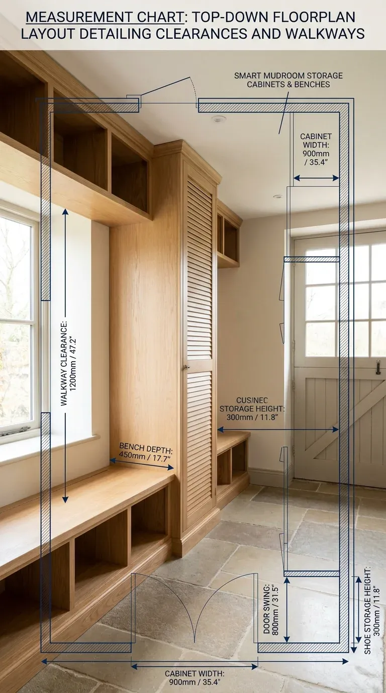 Measurement Chart: Top-down floorplan layout detailing clearances and walkways