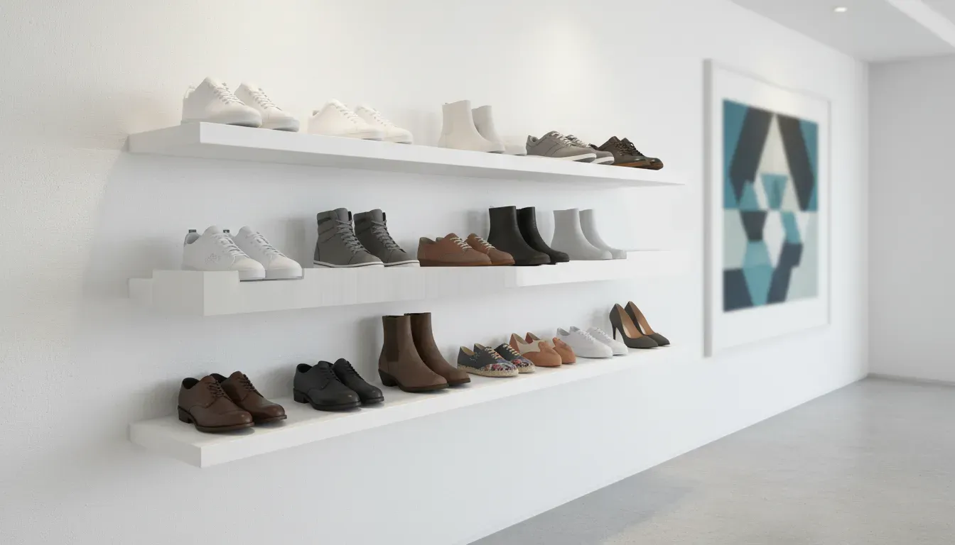 A set of modern floating shelves mounted on a white wall holding various pairs of organized shoes