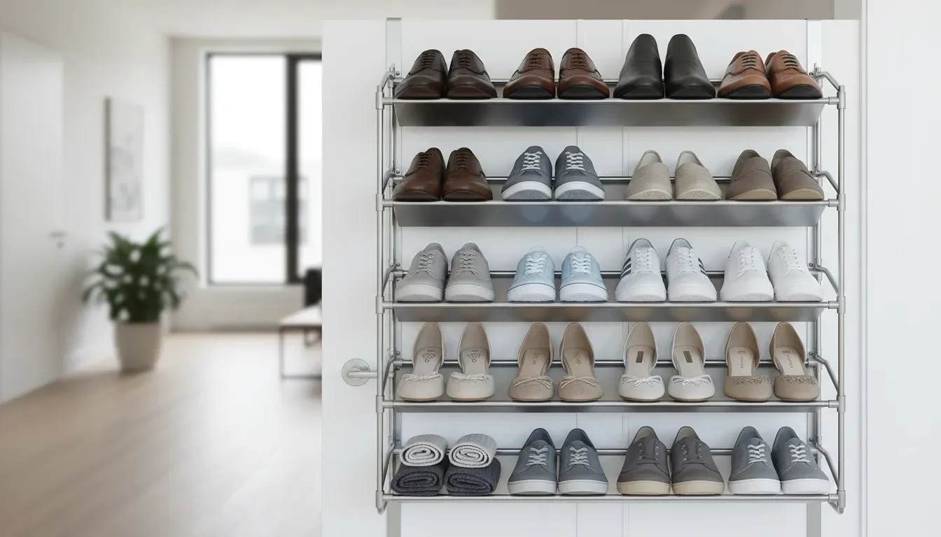A detailed shot of a high-quality metal over-the-door shoe rack filled with organized footwear