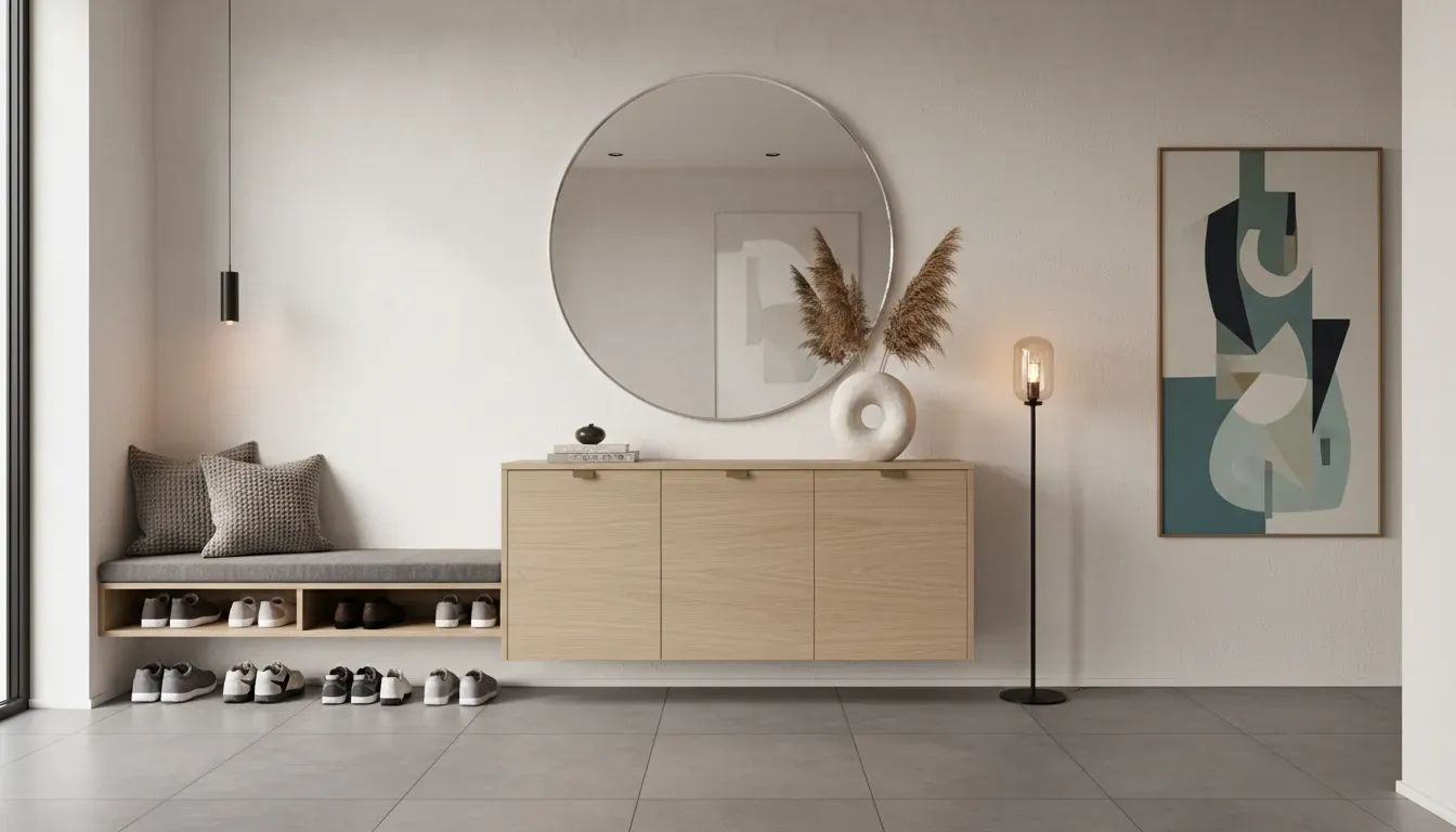A wide shot of a stylish, modern entryway featuring a wooden smart shoe cabinet styled with a vase and mirror