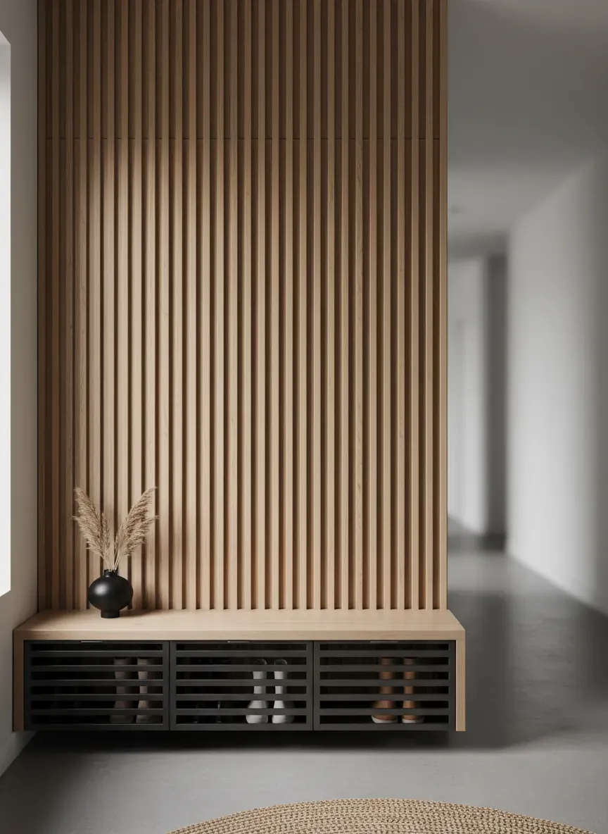 A sleek, modern entryway featuring a custom built-in bench with ventilated boot storage underneath and a slatted wood accent wall.