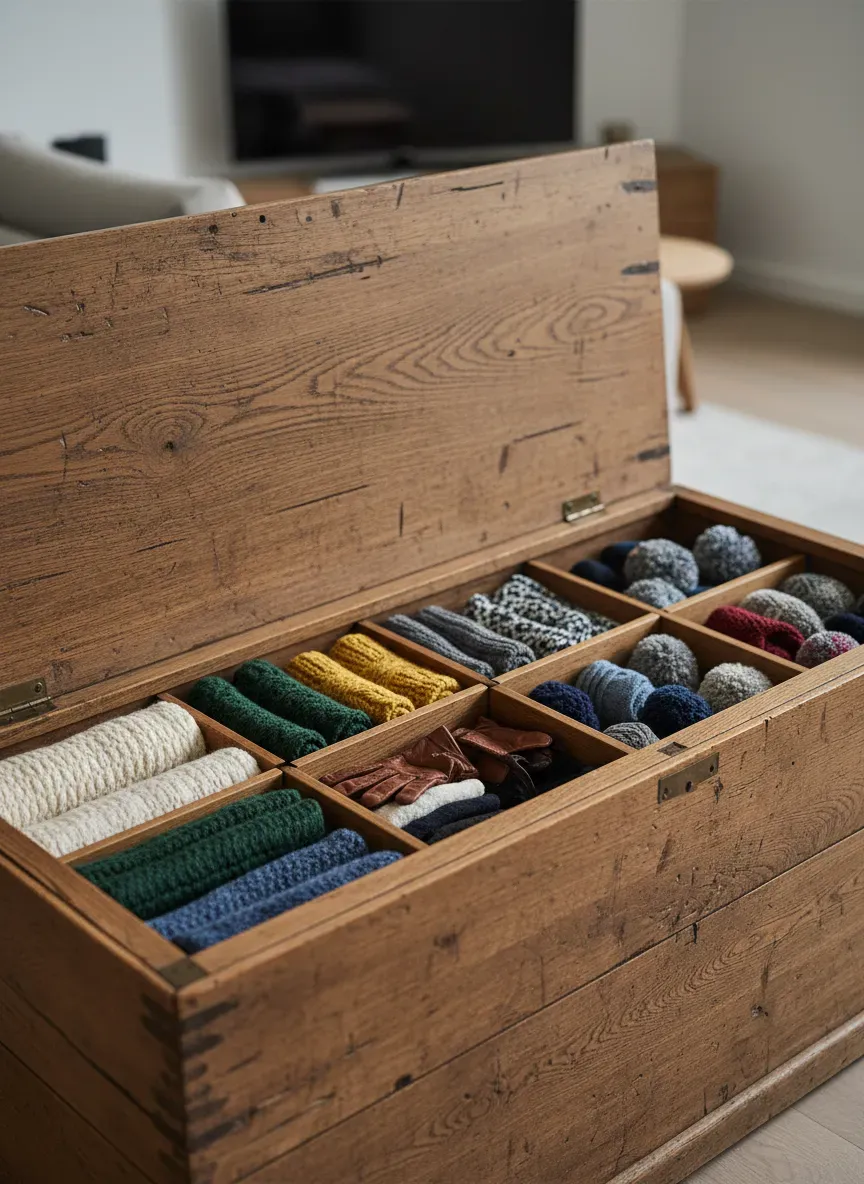 Detailed close-up of a rustic oak storage bench opened to reveal neatly organized compartments for winter scarves, gloves, and hats.