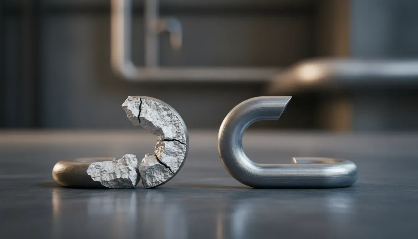 Close up of a fractured zinc hook compared to a solid steel hook showing grain structure