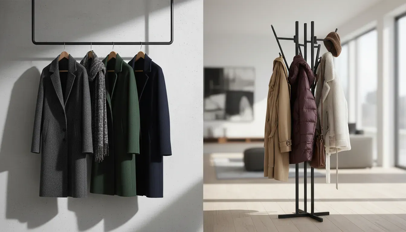 A visual comparison of a wall mounted rail versus a free standing heavy coat rack
