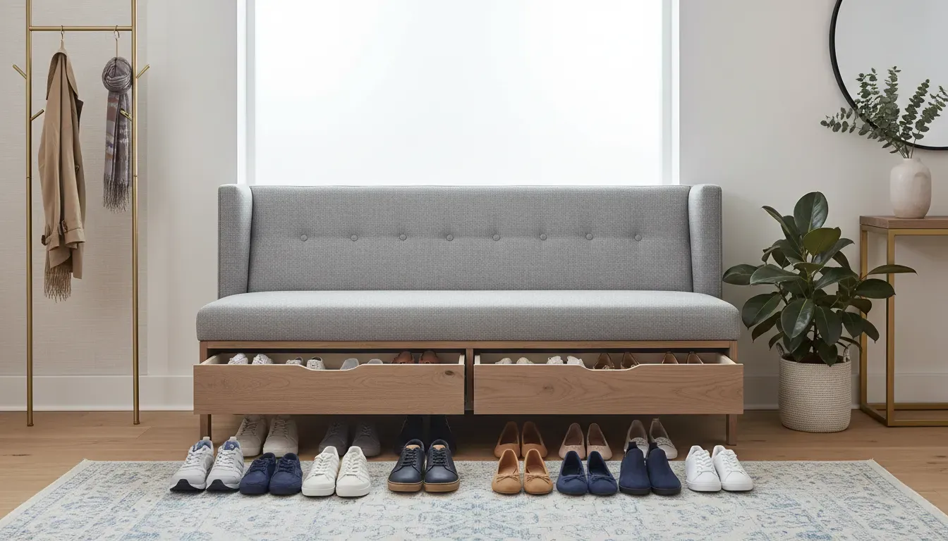 A tufted storage bench in an entryway with open drawers revealing neatly organized shoes
