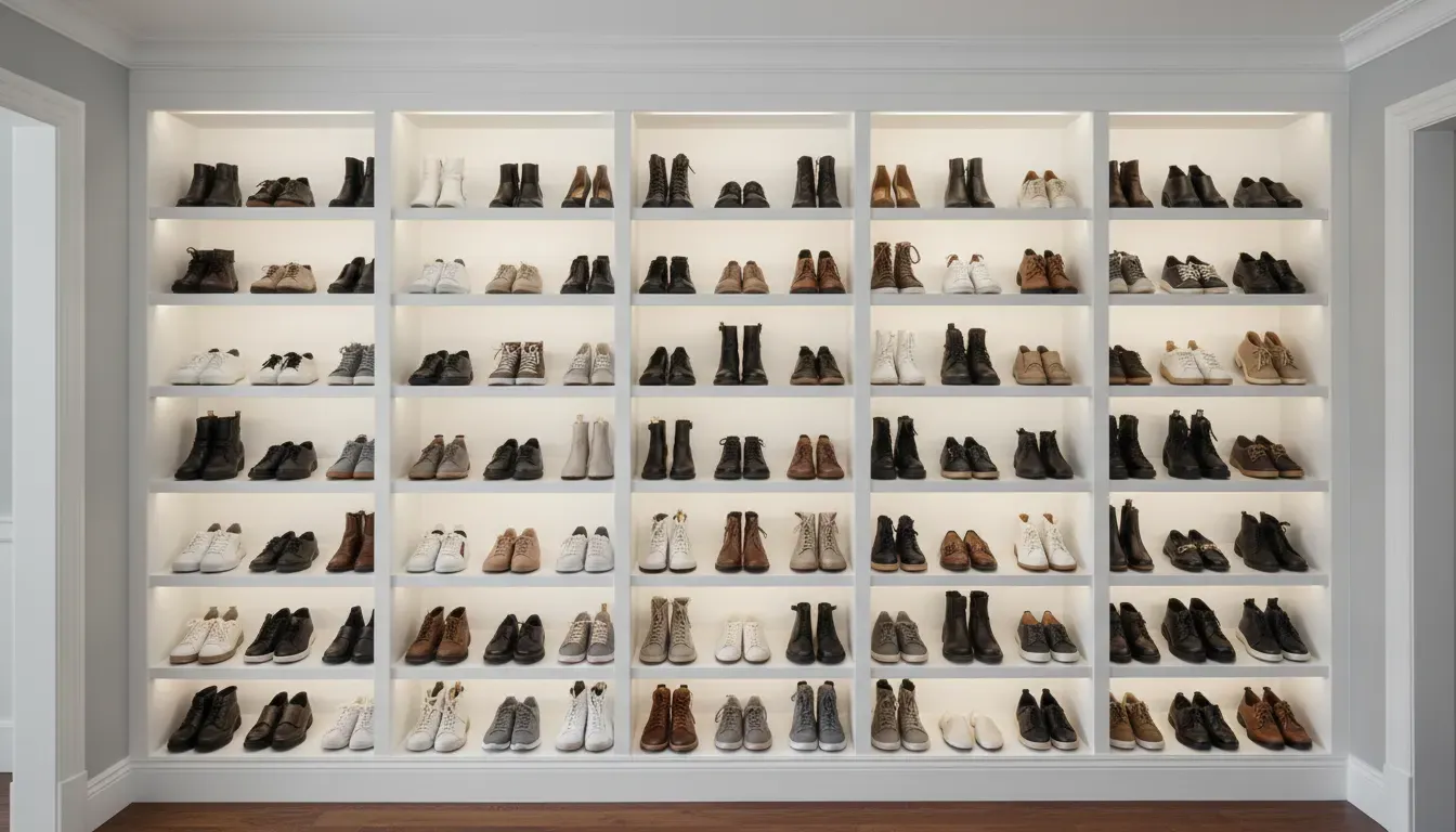 A custom built-in white shelving unit filled with shoes recessed into an entryway wall