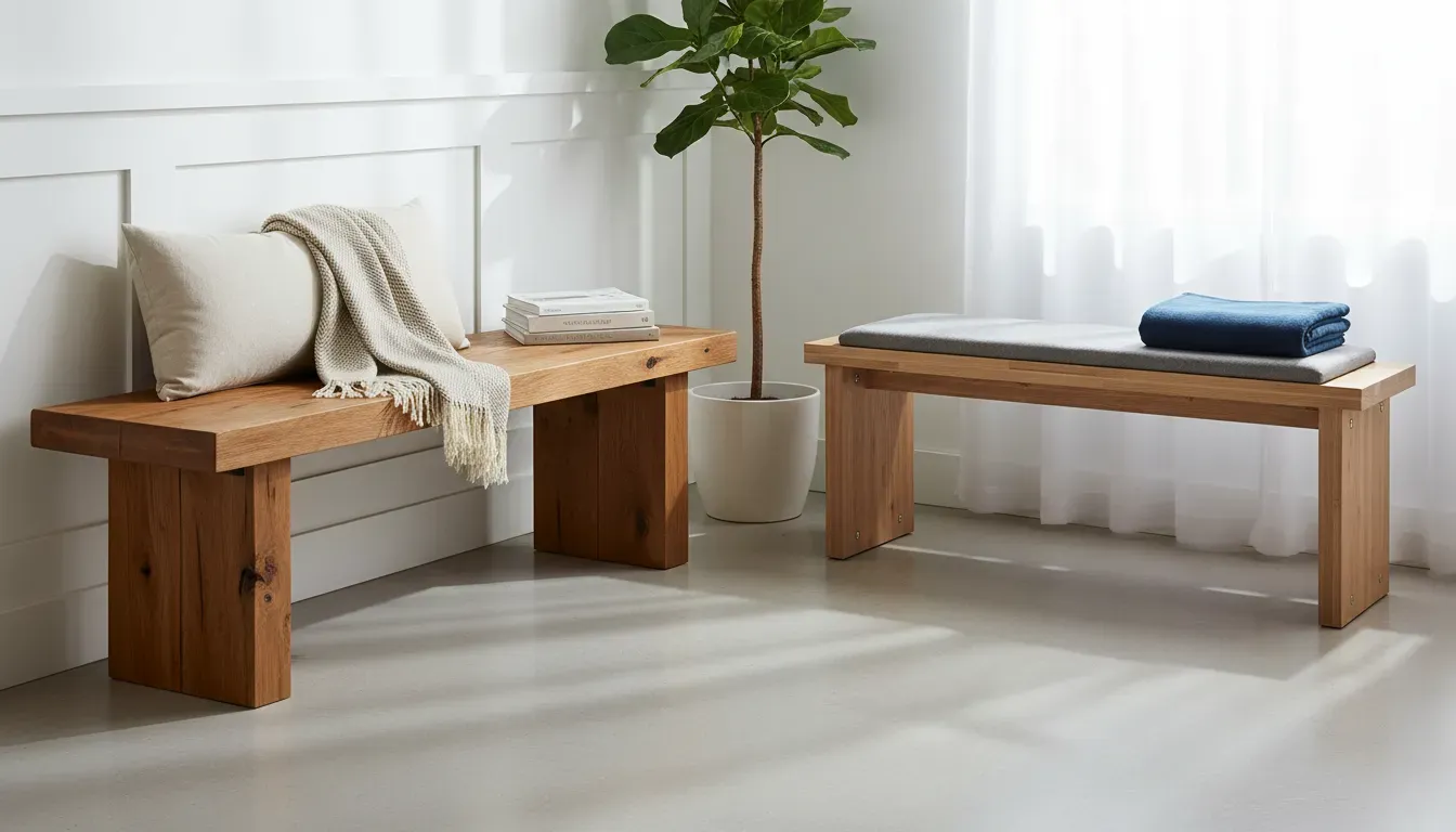 Comparison of a luxury solid oak bench versus a budget veneer bench in a bright hallway