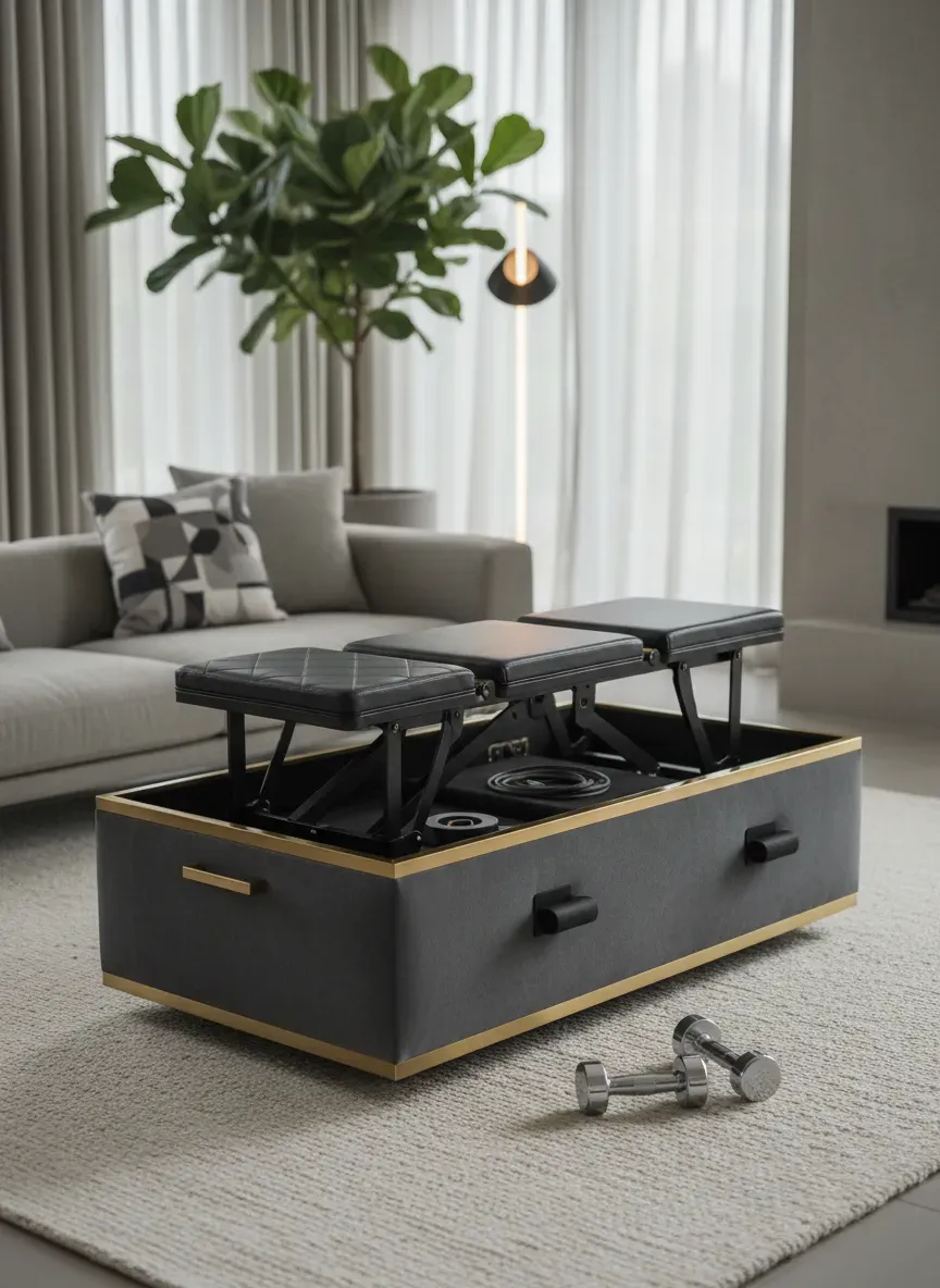 Modern living room with a hidden workout bench disguised as a luxury ottoman