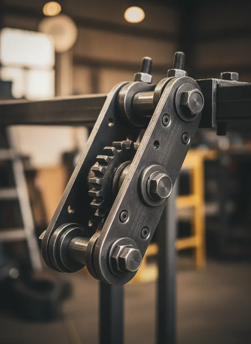 Detailed mechanism of a foldable bench hinge showing heavy-duty steel construction
