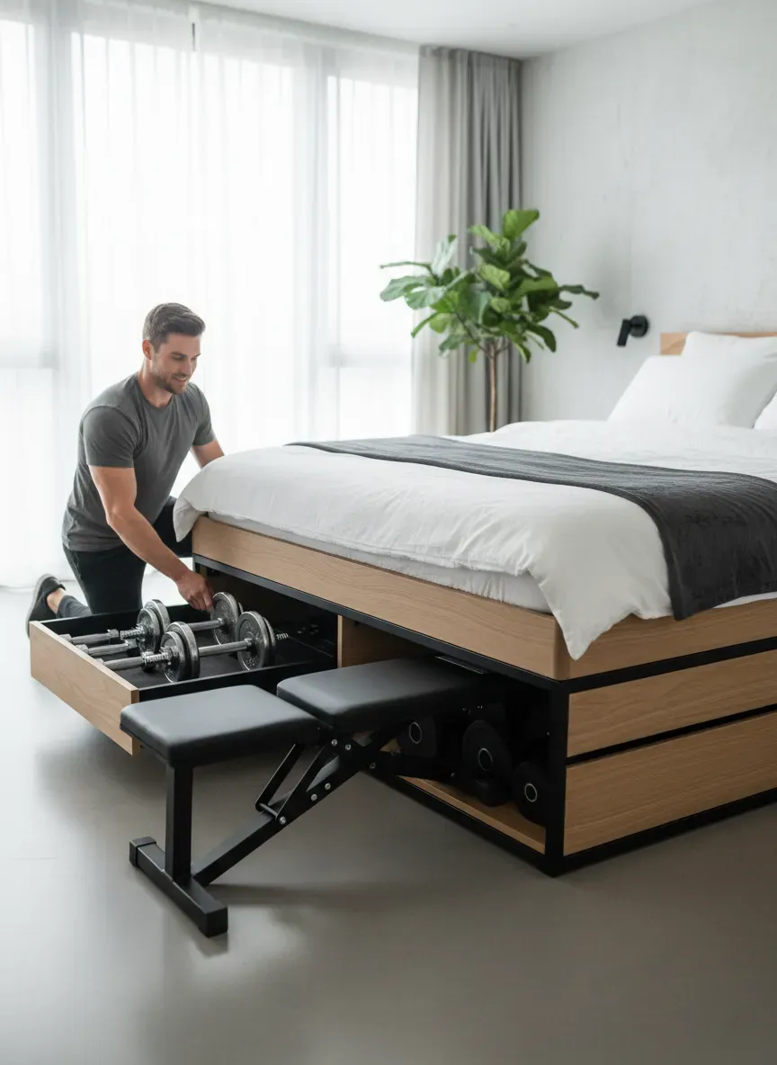 A completely hidden home gym setup with bench and weights stored under a modern bed frame