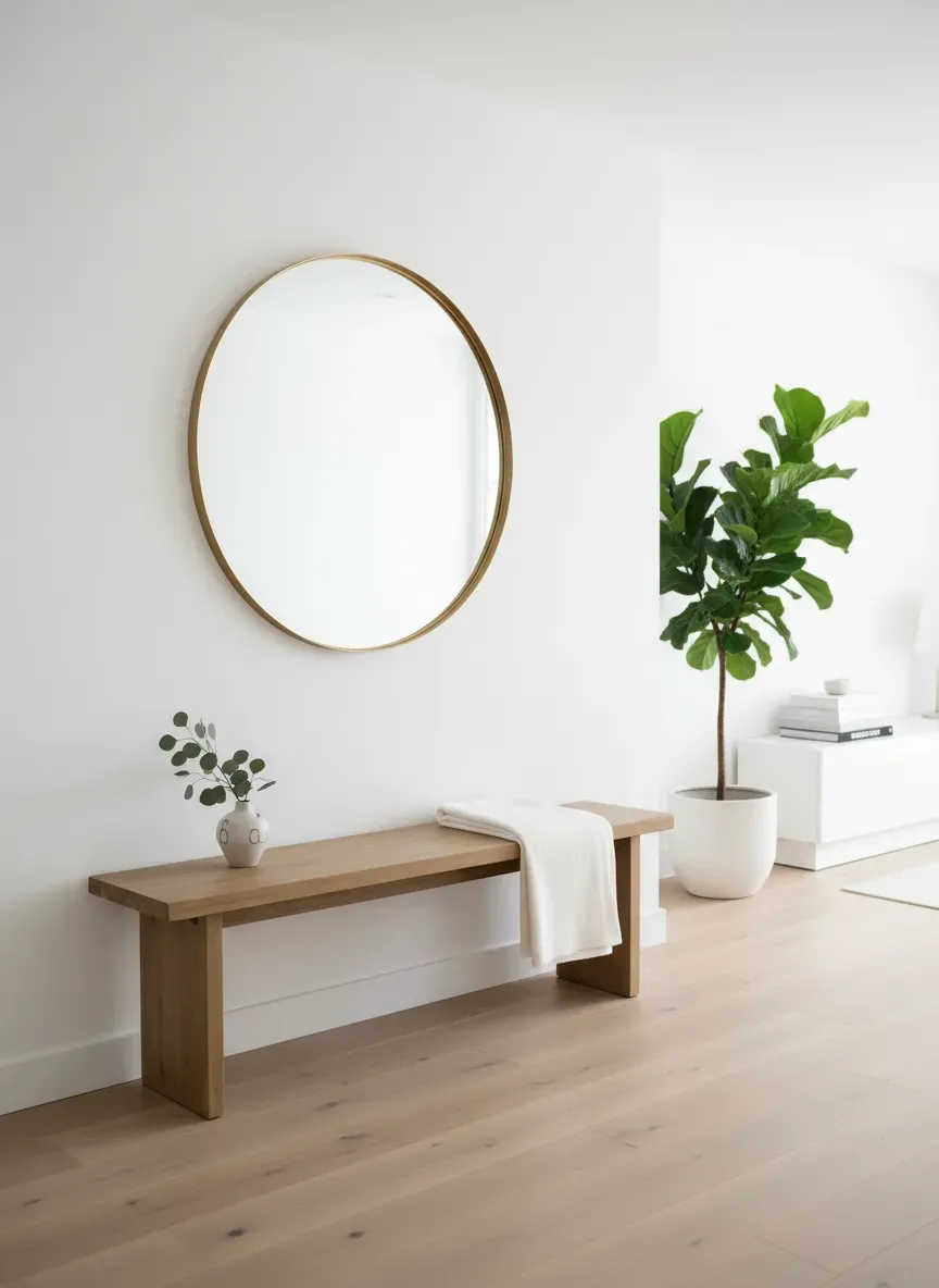 A bright, airy minimalist entryway featuring a large round mirror and a slender wooden bench