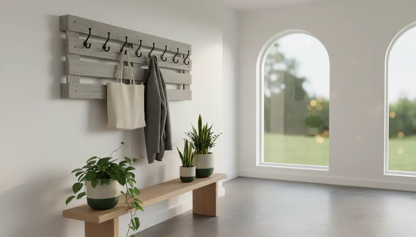 Minimalist hallway with upcycled pallet coat rack and plants