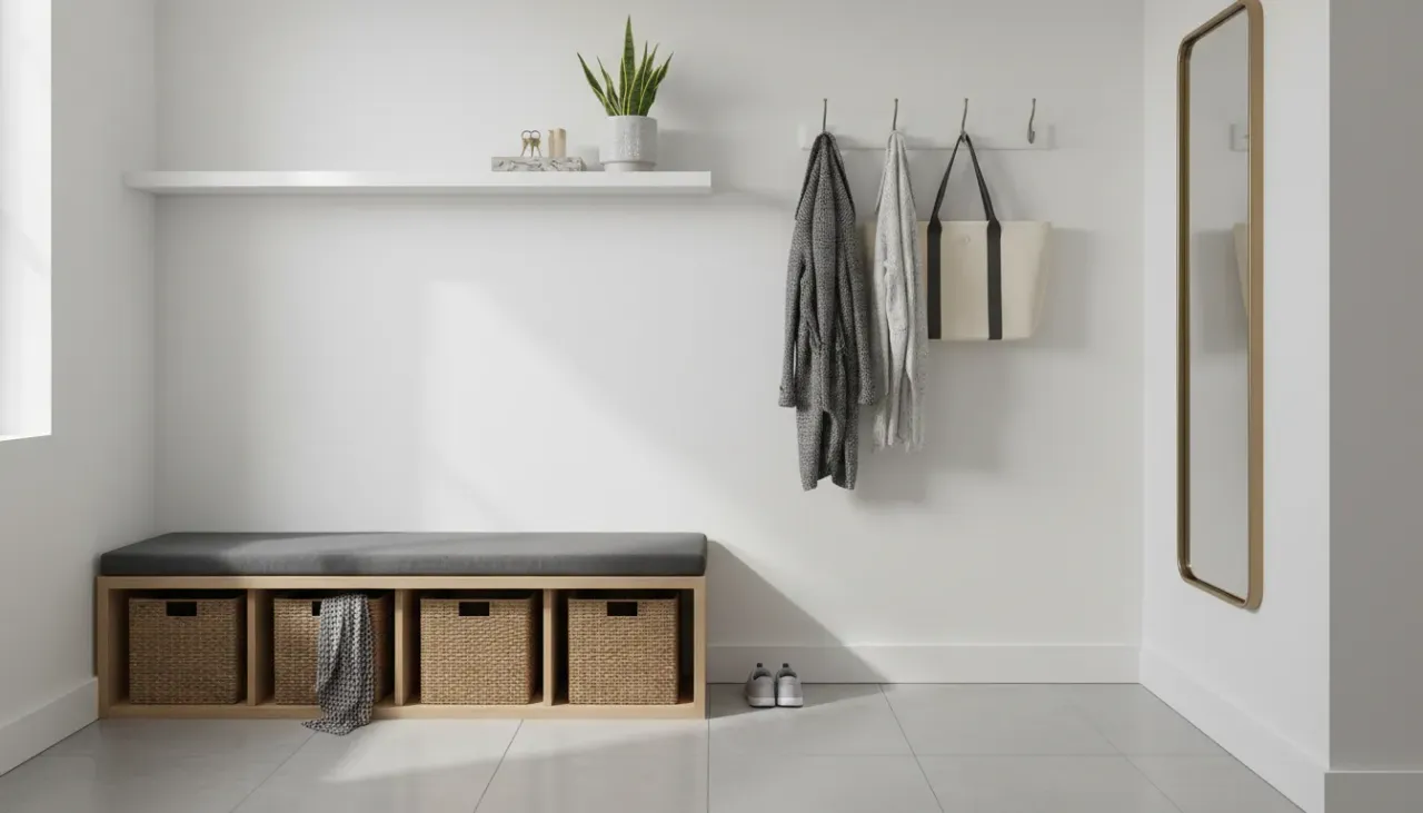 A pristine, well-lit entryway featuring a modern console table, organized shoe storage, and minimal clutter.