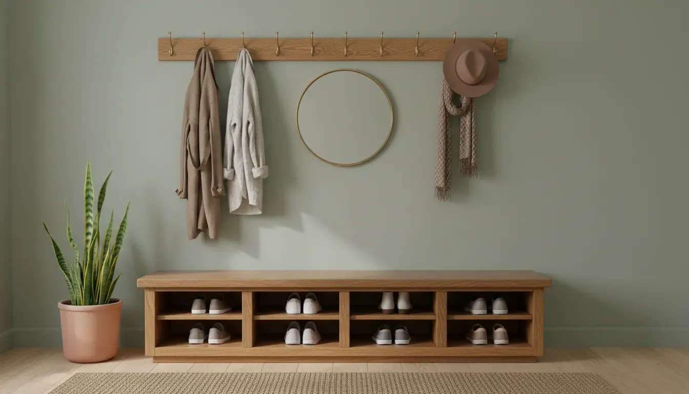 A stylish wooden bench with shoe storage cubbies underneath and a coat rack above
