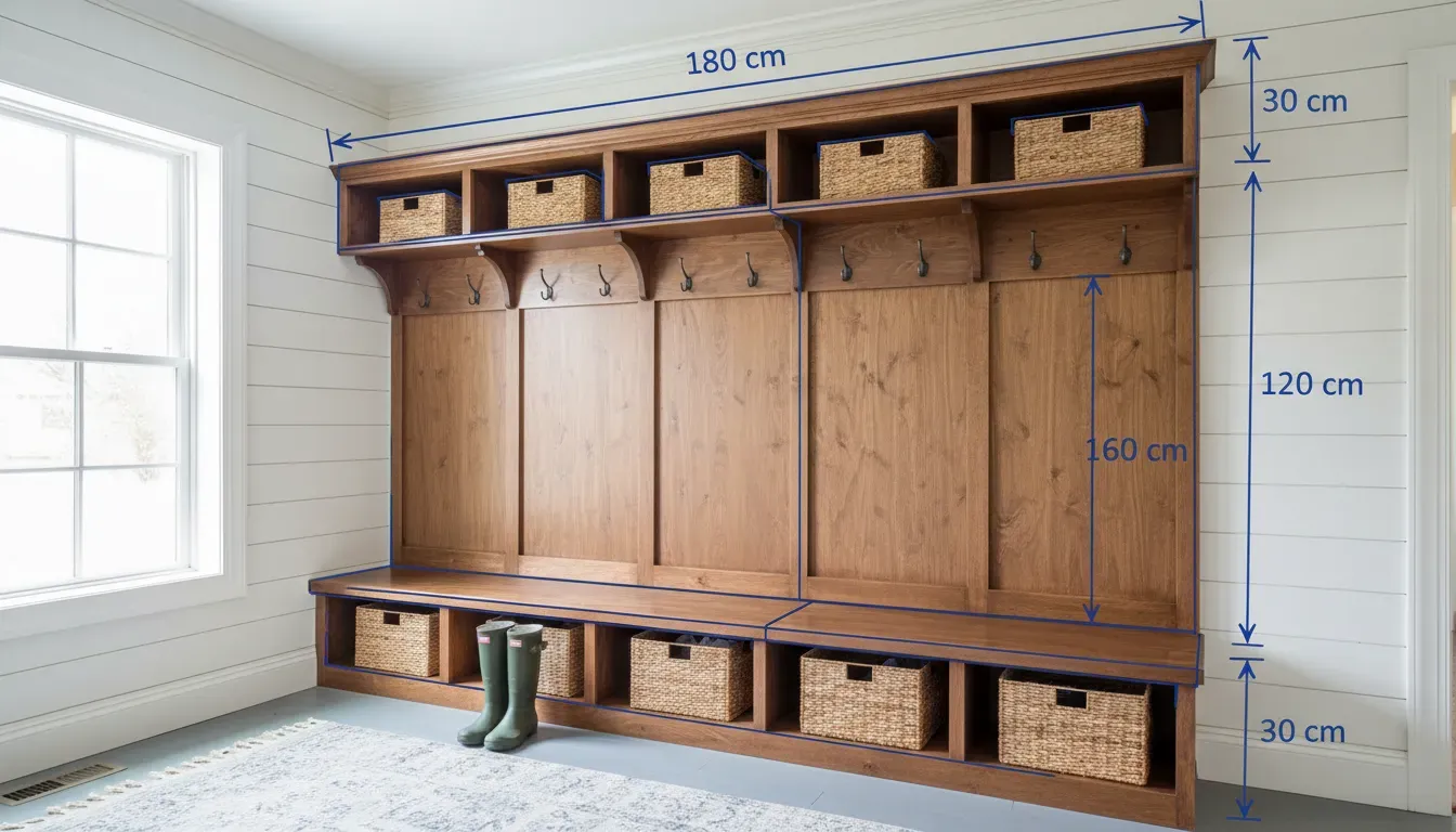 Diagram showing measurements for installing a mudroom rack system