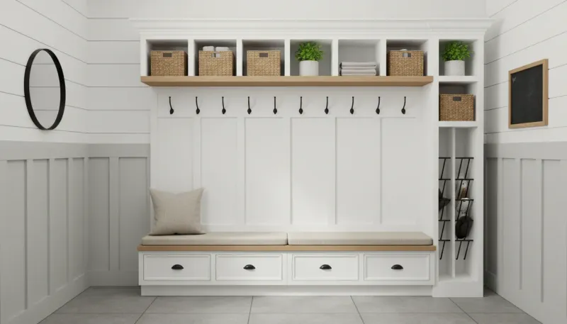 A pristine white mudroom wall rack system featuring beadboard backing, matte black hooks, and upper cubby storage with woven baskets.