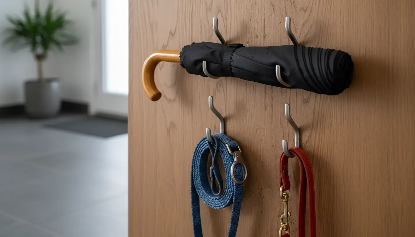 Close up of a wooden hall tree side panel featuring sleek metal hooks holding umbrellas and dog leashes