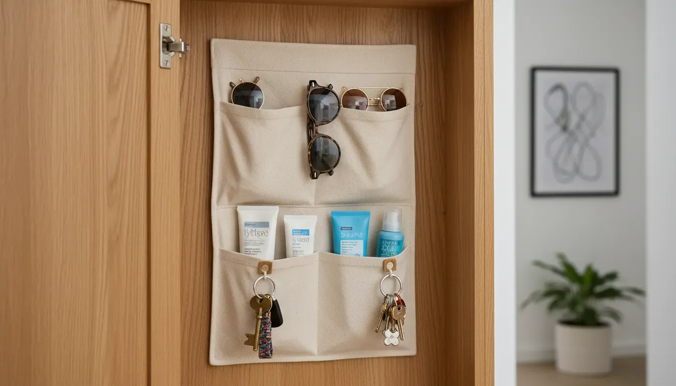 Interior of a hall tree cabinet showing a canvas pocket organizer filled with sunglasses, sunscreen, and keys