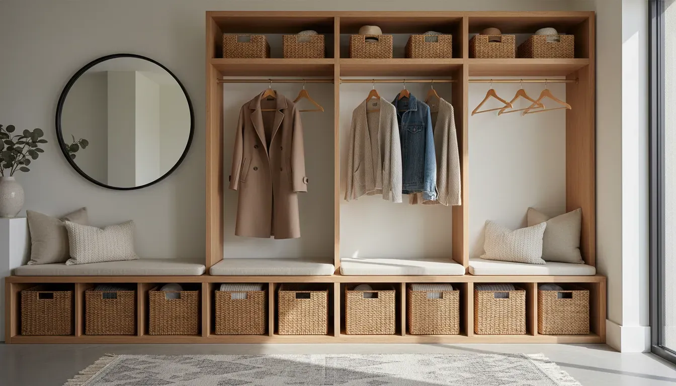 A wide shot of a neatly organized entryway with matching wooden hangers and uniform wicker baskets