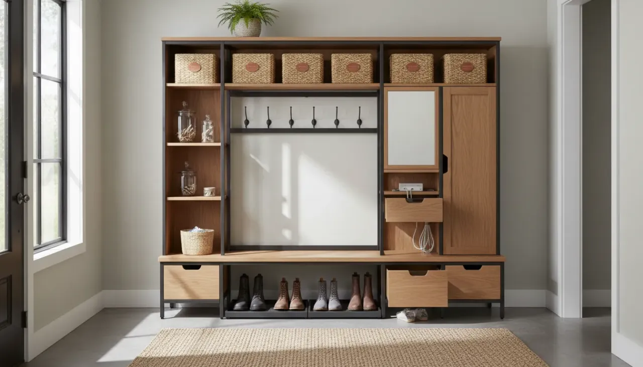 A pristine white hall tree featuring woven baskets, organized coats, and neatly arranged shoes in a modern entryway.
