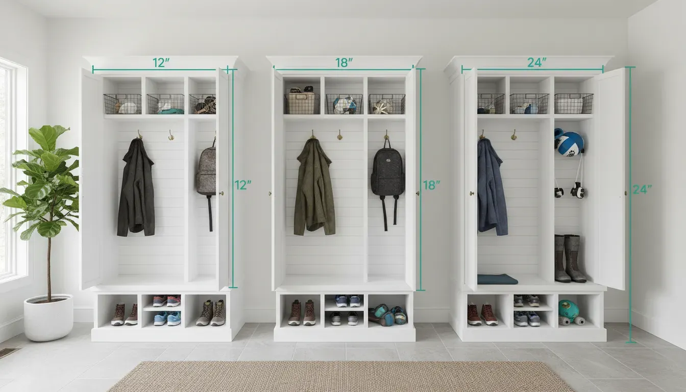 Detailed infographic comparing different mudroom locker depth configurations