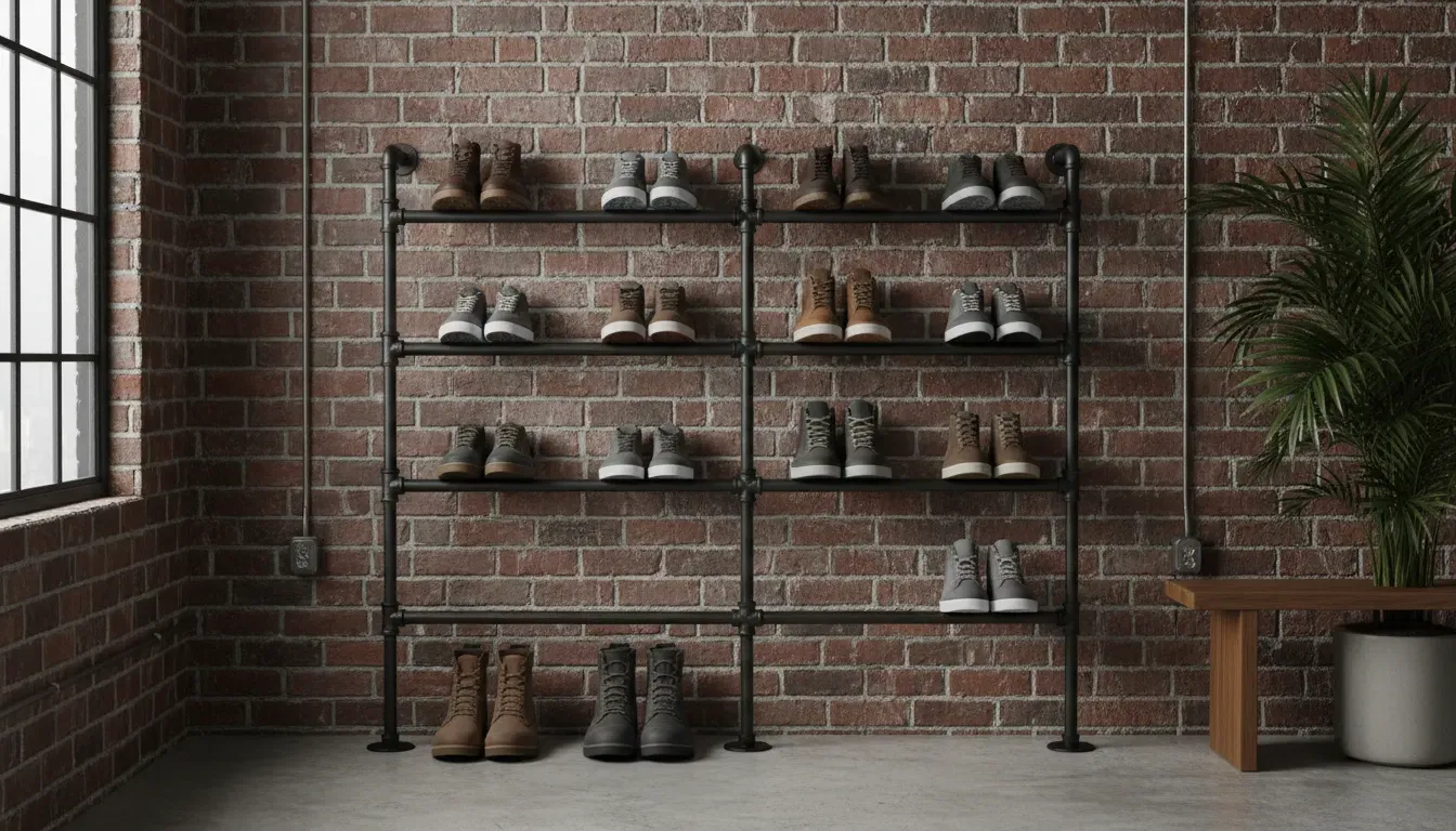 Industrial style black metal pipe shoe rack mounted on a brick wall